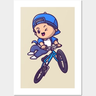 Cute Boy Riding Bicycle Cartoon Posters and Art